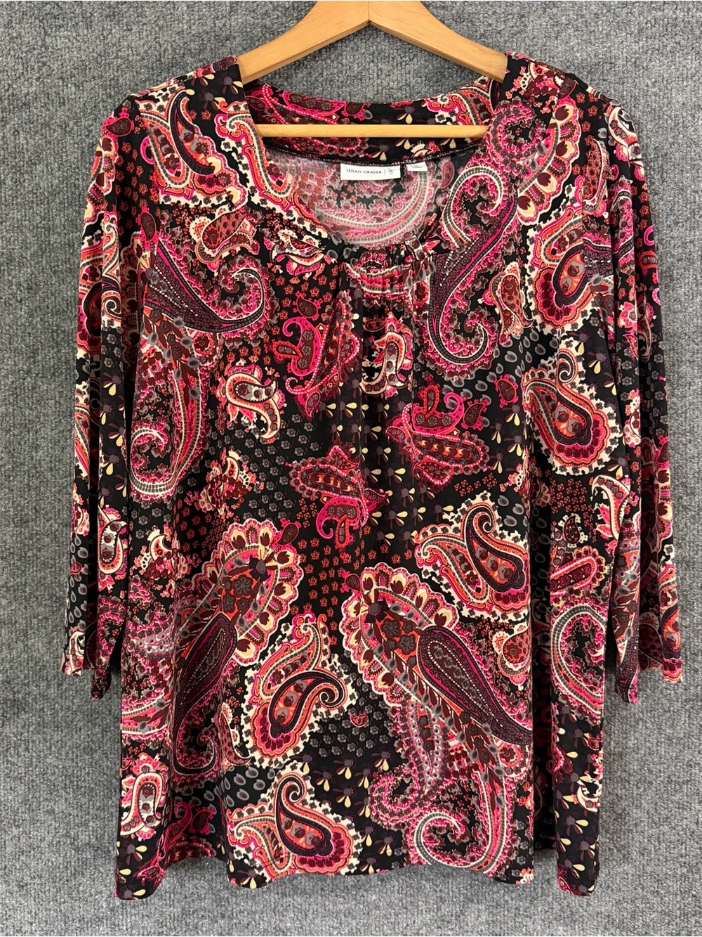 Susan Graver Womens L Liquid Knit Tunic Blouse Paisley Multicolor 3/4 Sleeve